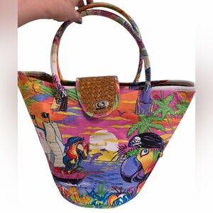 Capelli canvas and straw colorful pirate print tote bag new